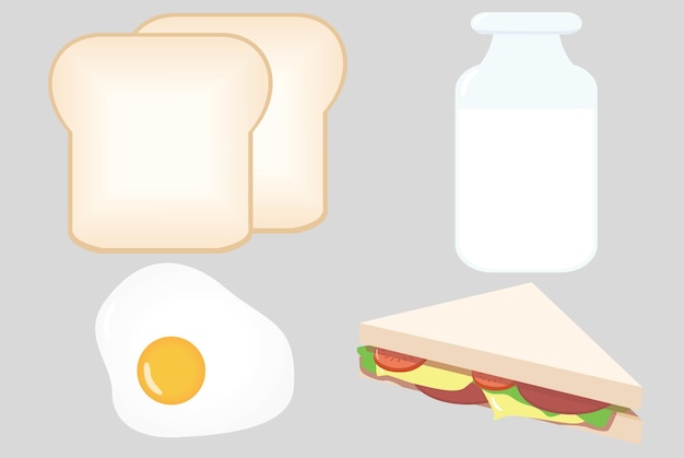 Breakfast Egg Sunny Side Up Milk Bottle Bread Toast Sandwich Flat Design Set Vector Illustration