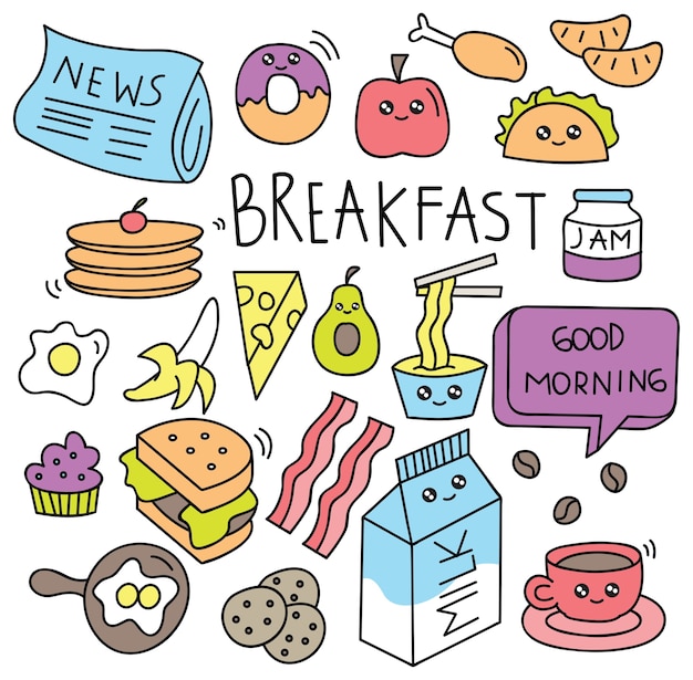 Breakfast food doodle set vector illustration