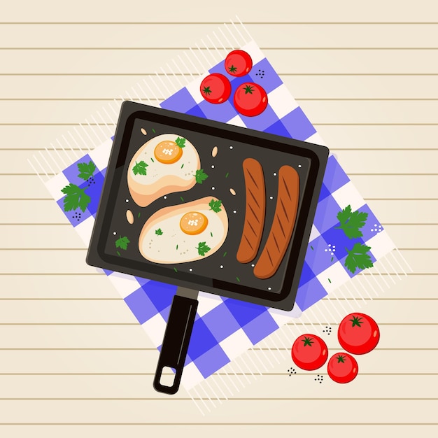 Breakfast fried eggs and sausage on pan. Vector illustration. Cooking food. Roast barbecue