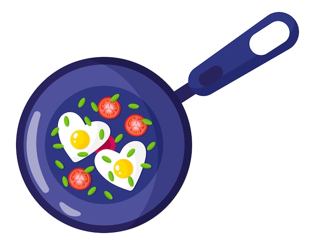 Breakfast in a frying pan. Heart omelet with herbs and tomatoes.