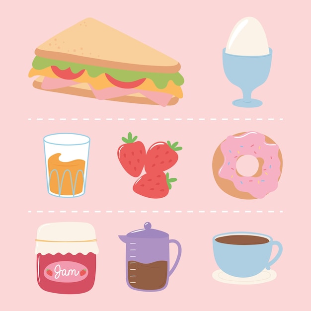 Breakfast icons set, sandwich boiled egg donut juice coffee pot and cup illustration