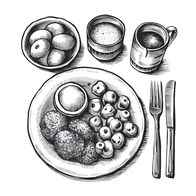 Breakfast ink sketch drawing black and white engraving style vector illustration