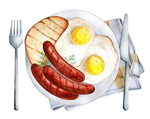 Breakfast is fried eggs sausages and a toaster Suitable for menus and recipes Watercolor