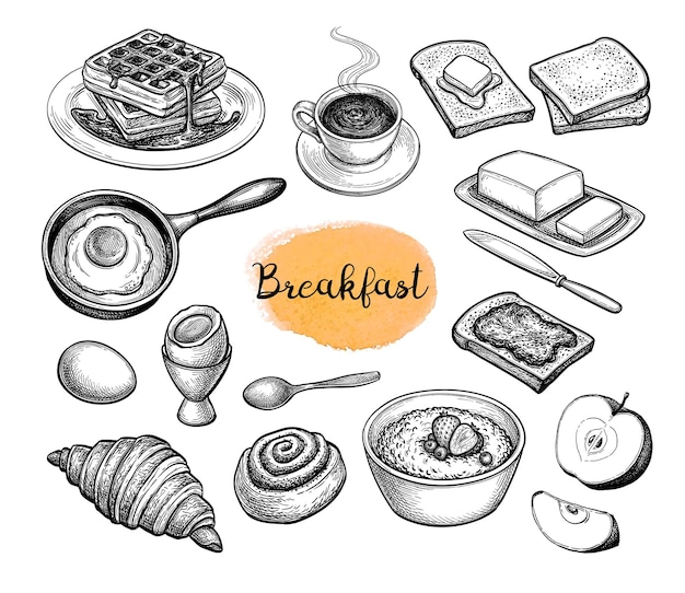 Breakfast meal. Big collection of ink sketches. Vintage style stroke drawing.