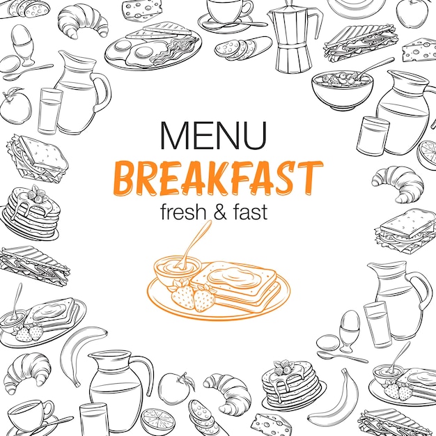  breakfast outline banners. Jug of milk, coffee pot, cup, juice, sandwich and fried eggs. Retro engraving style pancakes, toast with jam, croissant, cheese and flakes with milk for menu design