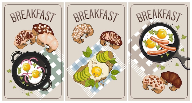 Breakfast poster set fried eggs with sausages and vegetables and croissants Menu posterscafe menu