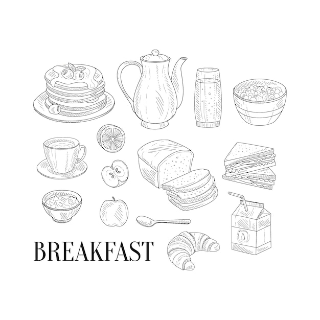 Breakfast Related Isoated Food Items Hand Drawn Realistic Sketch