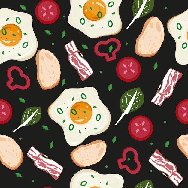 breakfast seamless pattern with a fried egg a piece of bread greens and tomato slices