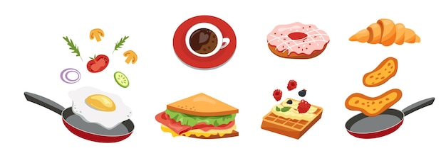 Breakfast set of food eggs, sandwich, pancakes, waffles, donut, coffee, croissant. Vector.