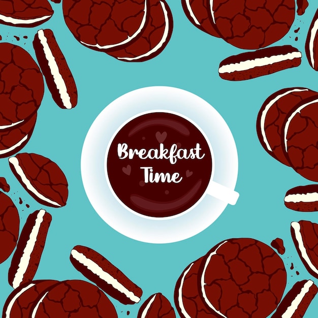 Breakfast time banner , chocolate cookie, cup coffe , blue background.