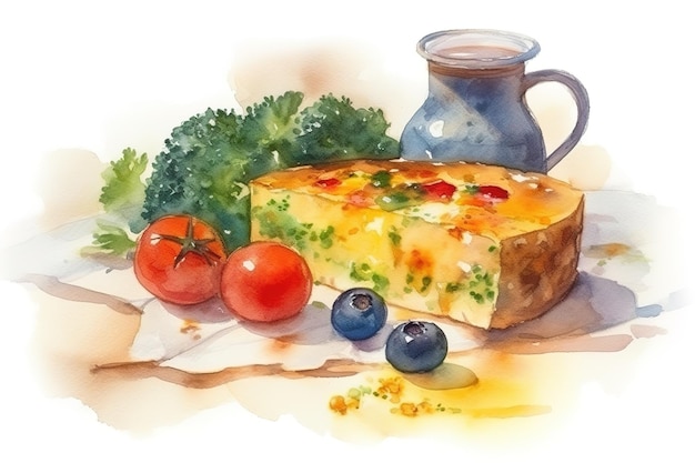 Breakfast toaster with scrambled eggs tomato green onions orange juice salt shaker Watercolor