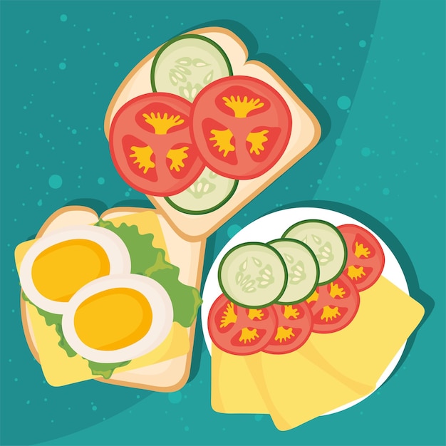 Breakfast toasts with healthy ingredients icons