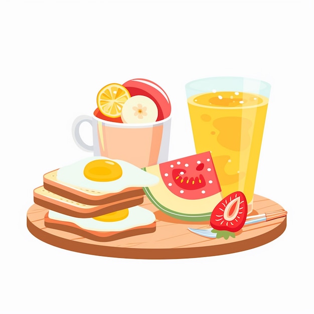 Vector a breakfast tray with a cup of tea and a plate of food with a cup of tea and a cup of orange juice