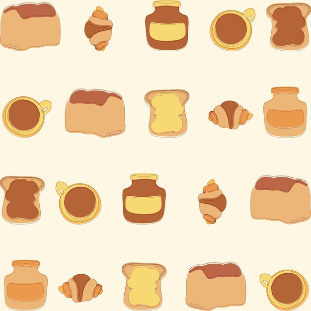 Breakfast vector pattern Bread croissant coffee chocolate spread Cafe menu design