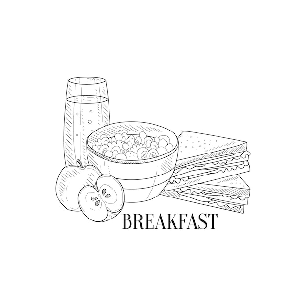 Breakfast With Porridge Sandwich And Juice Hand Drawn Realistic Sketch