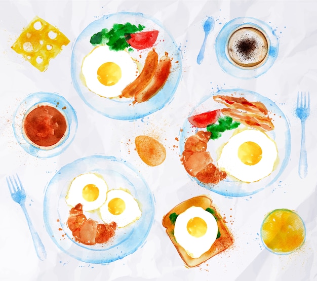 Breakfasts set eggs watercolor