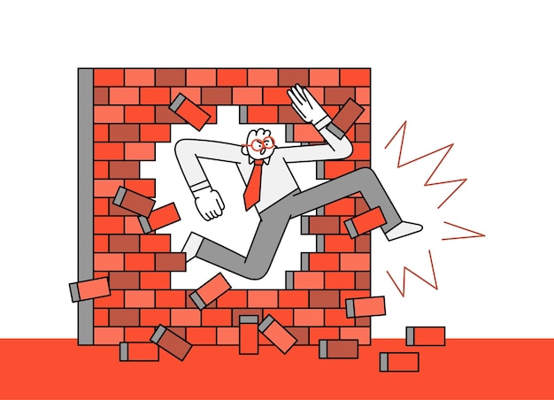 Breaking from Brick Wall Hand Drawn Character Illustration