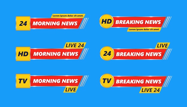 Breaking news TV banners set. Breaking news, Full HD, ultra HD, dramatization, live recording. Lower header, channel name or emblem with text, third part bottom line.