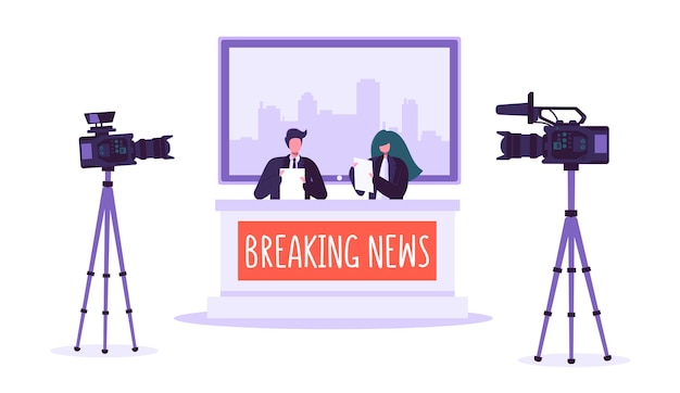 Breaking news tv studio, mass media. Professional journalists characters reading urgent news. TV studio with video cameras, microphones. Live news show. 