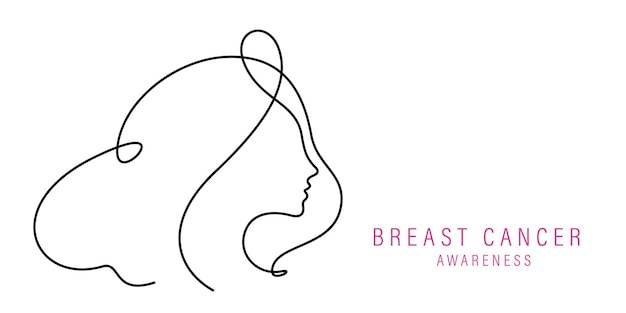 Breast cancer awareness banner with woman face ribbon continuous line