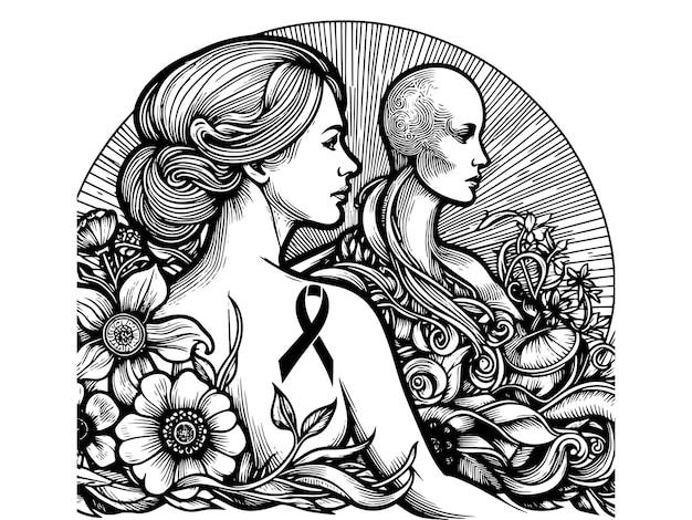 Breast cancer awareness black and white illustration with flowers vector generative ai