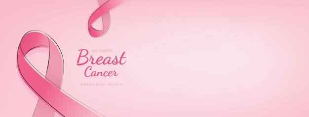 Breast cancer awareness campaign banner with pink ribbon symbols on pastel light pink background and space for text