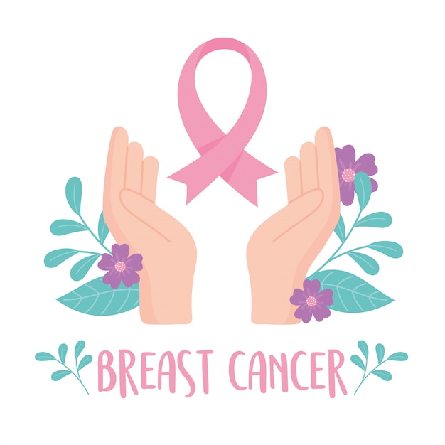 Breast cancer awareness hands with ribbon and flowers floral vector design card and illustration