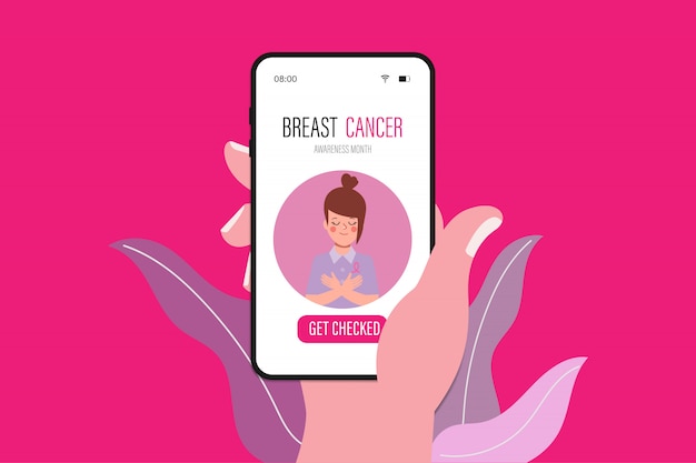 Breast cancer awareness month application on smartphone.