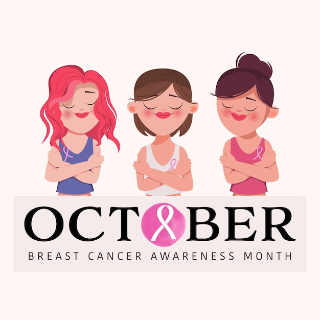 Breast cancer awareness month background with women character together concept