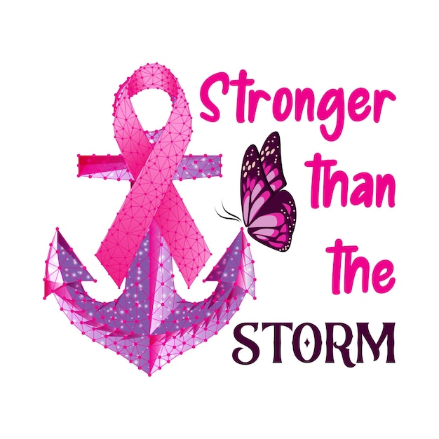 Breast cancer awareness month concept with pink ribbon anchor butterfly and text stronger than the s...