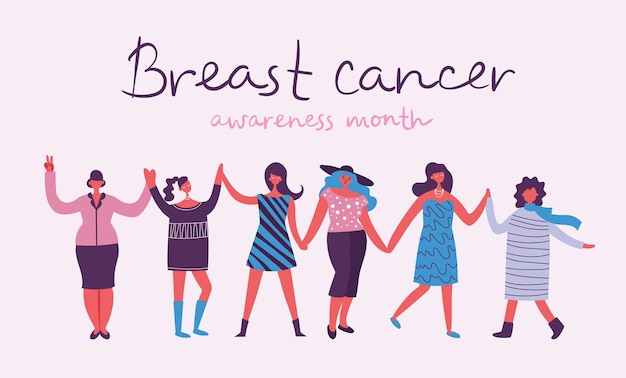 Breast cancer awareness month for disease prevention campaign and diverse ethnic women group together with pink support ribbon symbol on chest concept