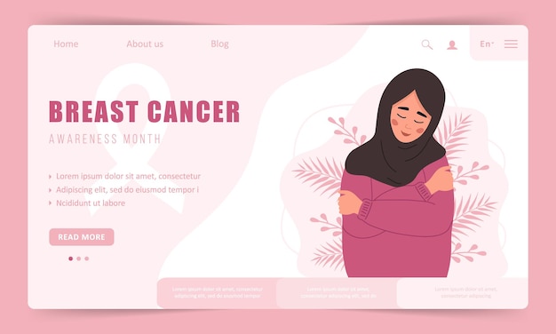 Breast cancer awareness month Landing page template Happy arab woman in hilab hugging herself Annual international health campaign Vector illustration in flat cartoon style