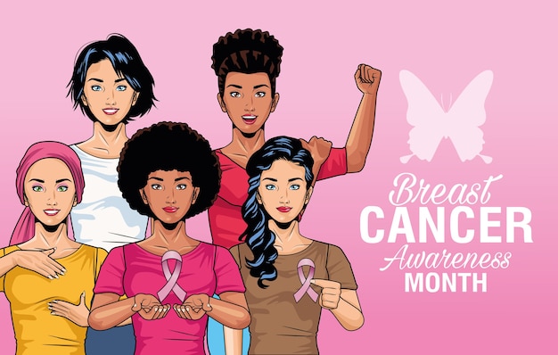 Breast cancer awareness month lettering with group of girls and butterfly vector illustration design