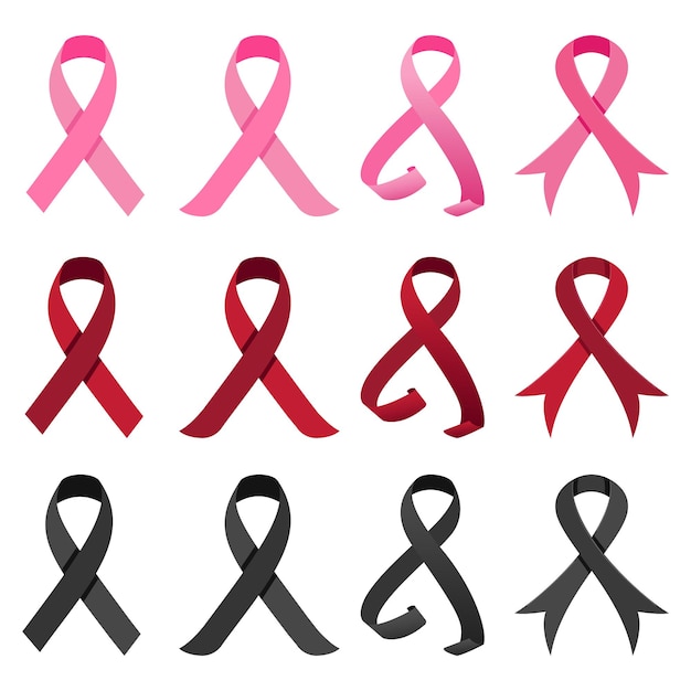 Breast Cancer Awareness Month. Pink Red Black Ribbon On white Background. Vector Design Template