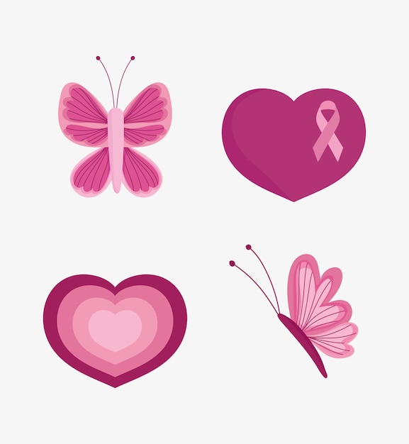 Breast cancer awareness month pink ribbon heart love butterfly icons