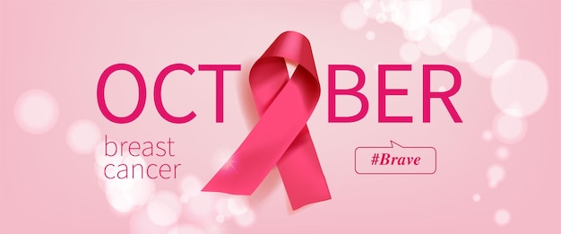 Breast cancer awareness month poster background concept design Realistic pink bow ribbon vector illustration template