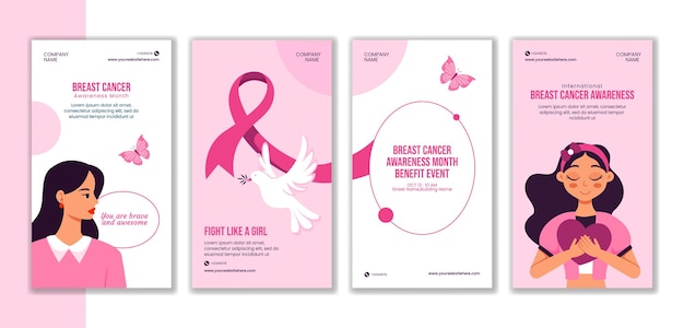 Vector breast cancer awareness month social media stories flat cartoon templates background illustration