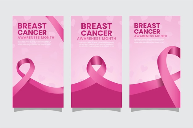 Vector breast cancer awareness month stories set template banners for social media with pink ribbons