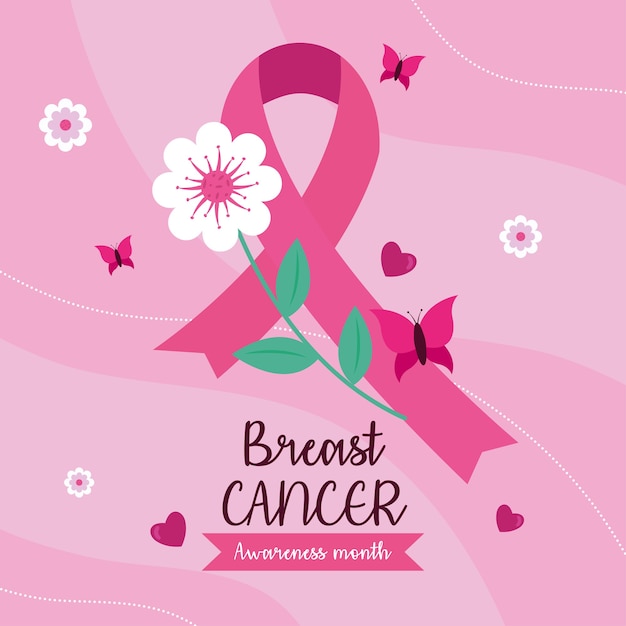 Breast cancer awareness pink ribbon with flower and butterfly design, campaign theme.