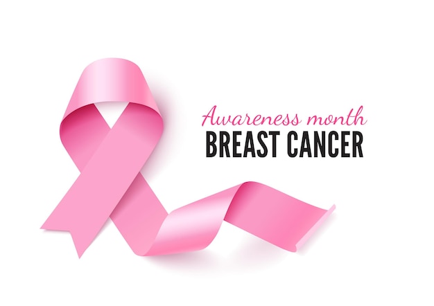 Breast cancer banner template with realistic pink ribbon. October awareness month poster design with lettering. Oncological disease solidarity. Women health 3d vector symbol isolated on white