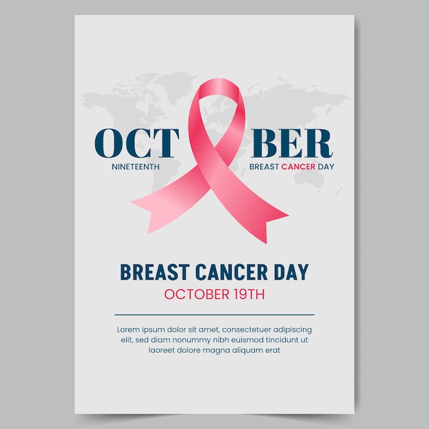 Breast Cancer Day October 19th poster design with pink ribbon and world map background