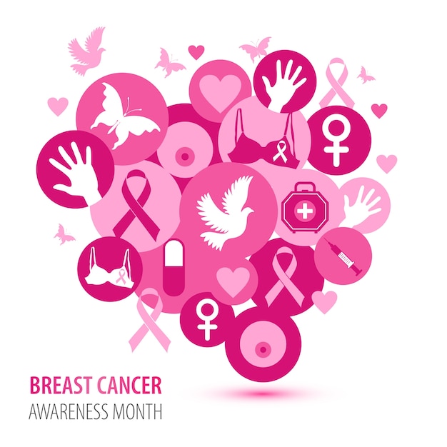 Breast cancer illustration of pink icons with symbol ribbon.