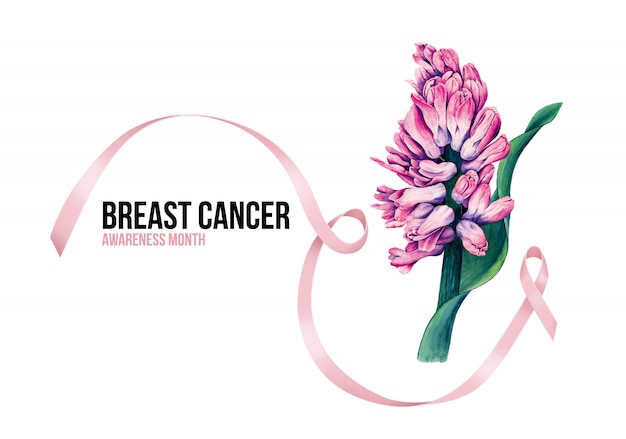 Breast Cancer text with pink ribbon and pink hyacinth