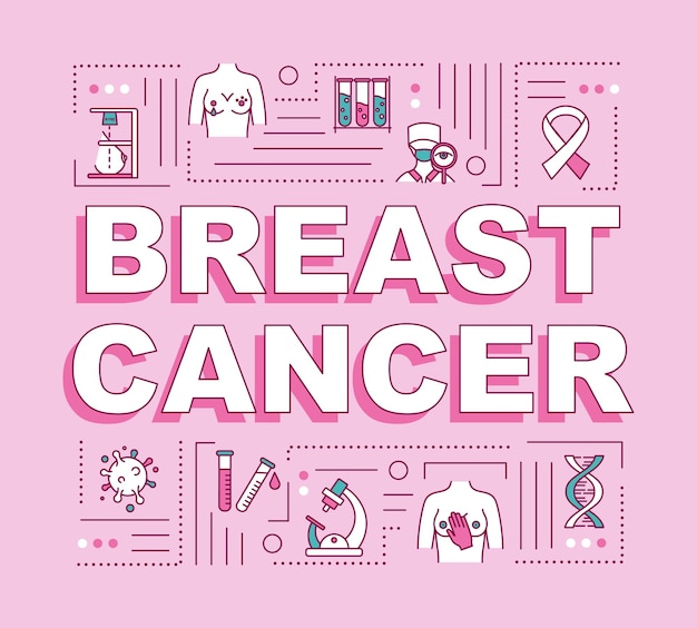 Breast cancer word concepts banner. Female oncology diagnosis, treatment. Infographics with linear icons on pink background. Isolated typography. Vector outline RGB color illustration