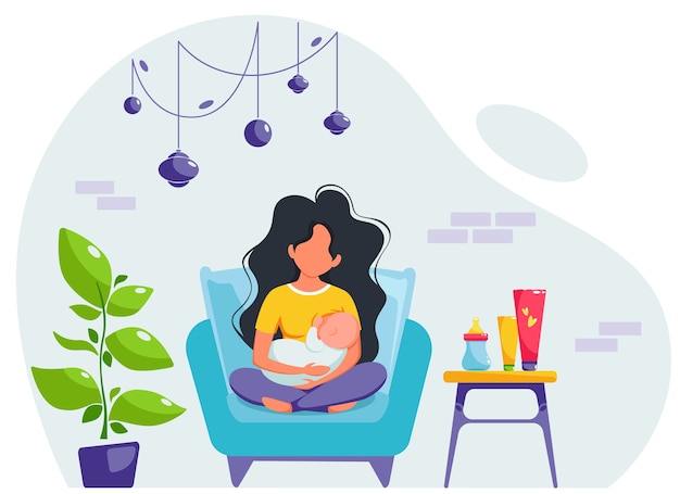 Breastfeeding concept. Woman feeding a baby with breast, sitting on armchair.