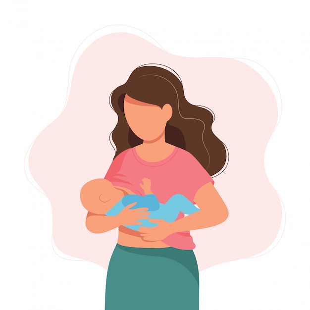 Breastfeeding illustration, mother feeding a baby with breast.