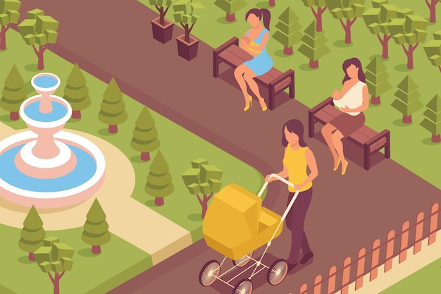 Breastfeeding park isometric illustration