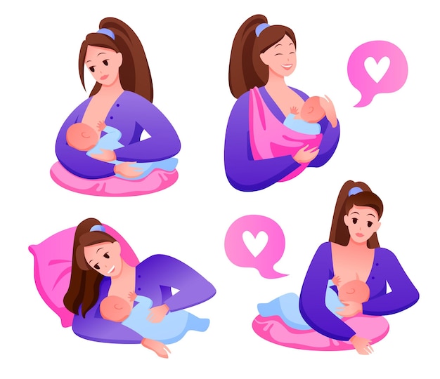 Breastfeeding position set. Cartoon mother character feeding baby with milk from breast