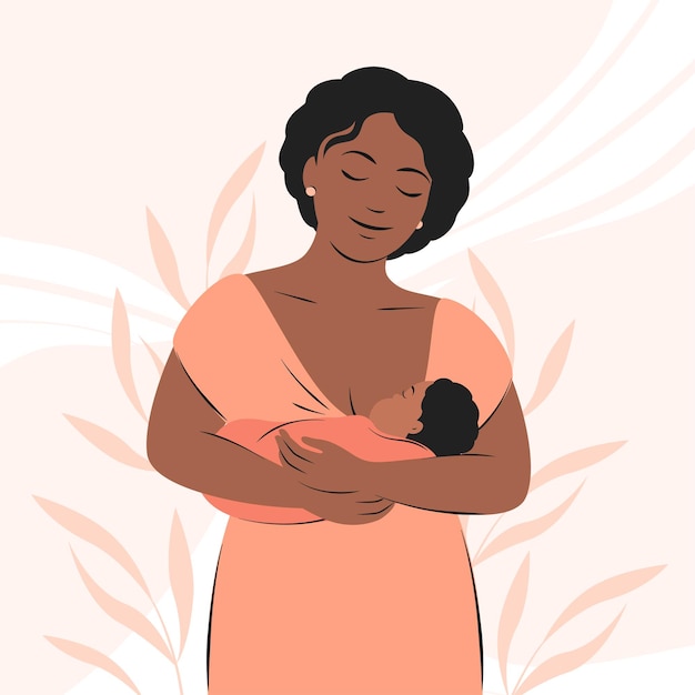 Breastfeeding Woman with dark skin and hair breastfeeds the baby