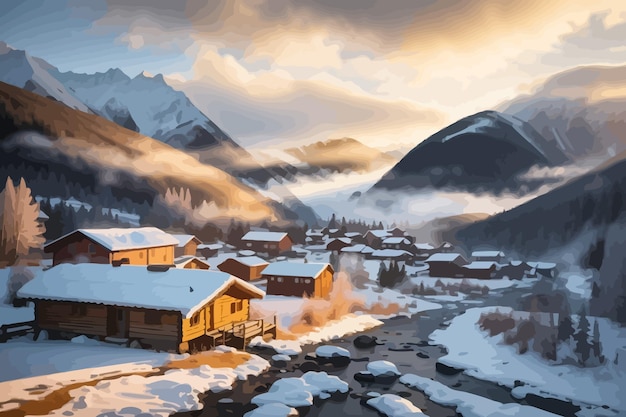 Vector a breathtaking sunrise over a remote village in the russian far east